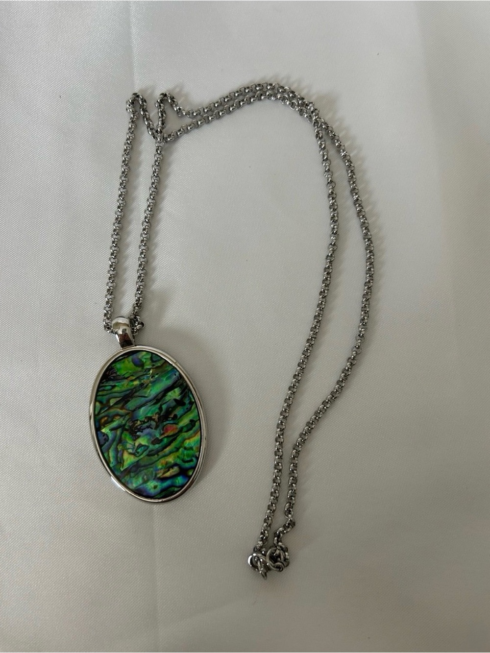 Lovely Silver Tone Abalone Shell Necklace. Measures 24”
